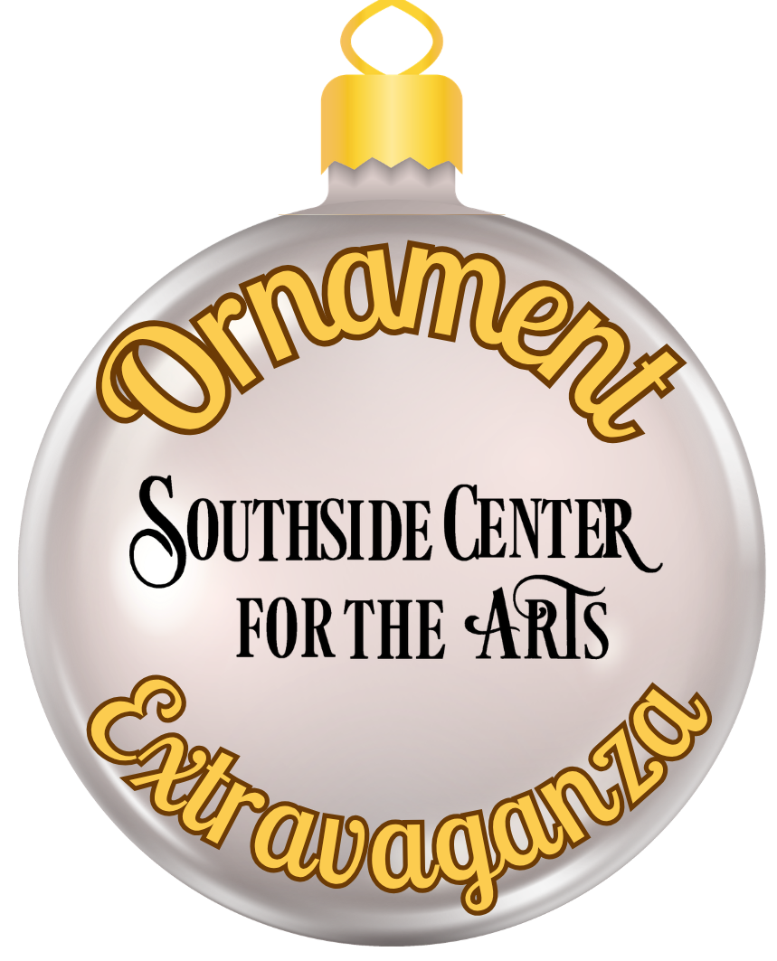 Graphic of a silver Christmas ornament with a gold cap and hanging loop. The ornament features curved gold text reading ‘Ornament’ at the top and ‘Extravaganza’ at the bottom. In the center, black decorative serif text reads ‘Southside Center for the Arts.’ The design promotes the Southside Center for the Arts’ Ornament Extravaganza event.